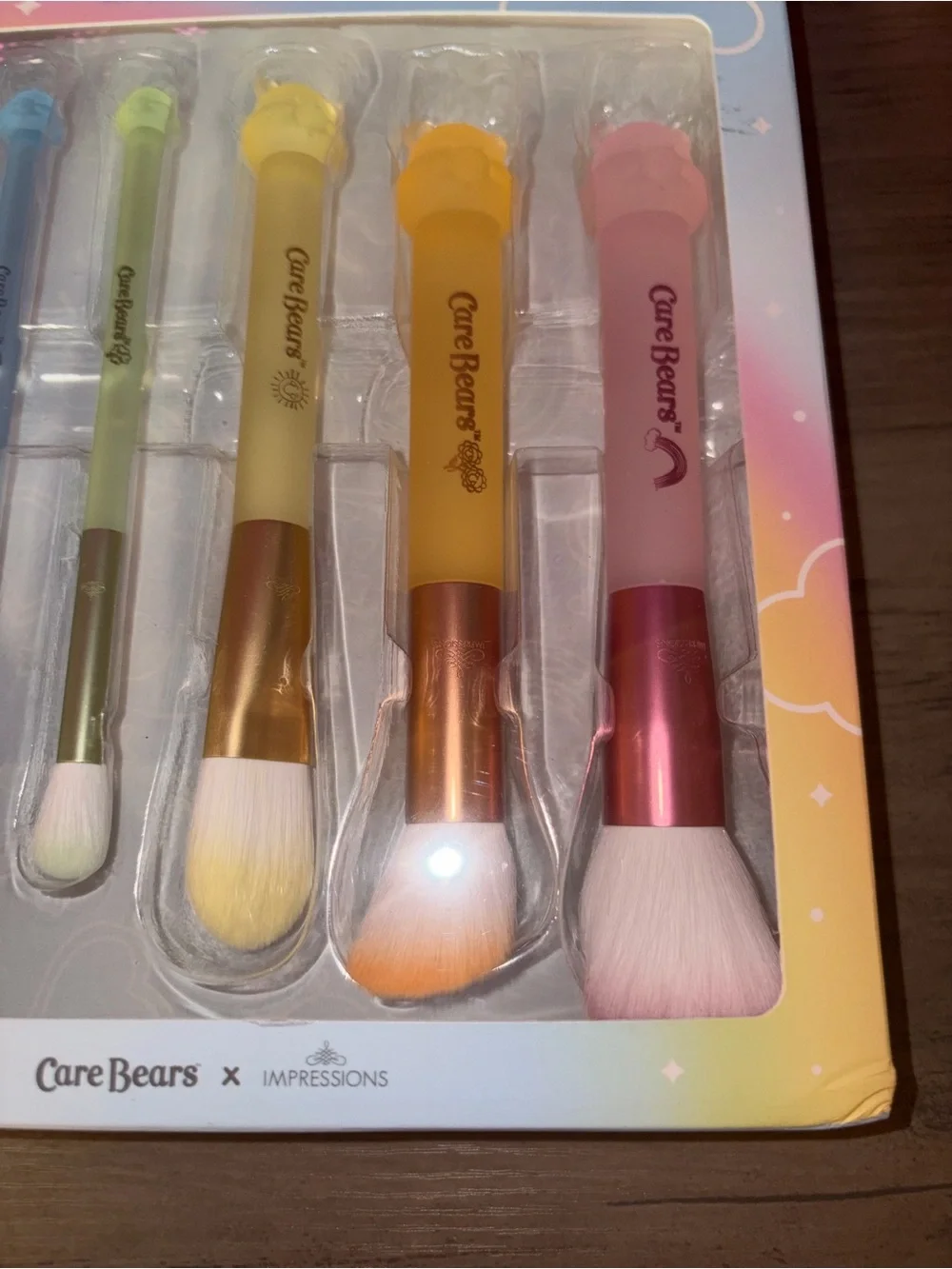 Care Bears Pastel Rainbow 6 Pc Makeup Brush Set Bear Handle Brushes NIB